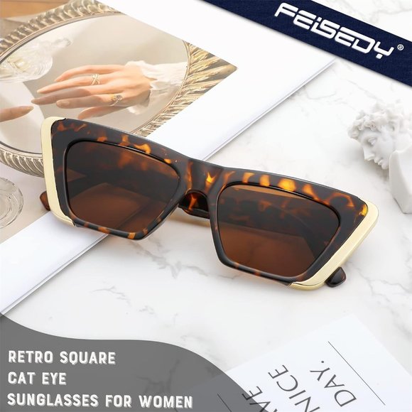 Women Brown Cat Eye Fashion Metal Square Frame Classic UV Protection Sunglasses - Picture 3 of 6